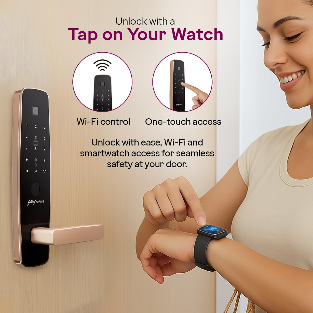 Godrej Smart Lock | Made in India Digital Lock for Main Door I Advanced & Highly Secure|9 in 1 Access|NFC,Smart Watch,BLE Remote,Wi-Fi,Fingerprint | Rose Gold I 3Yr Warranty 